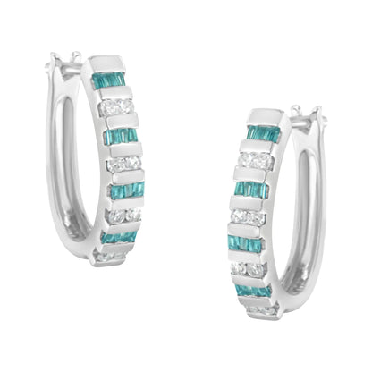 10k White Gold Round and Blue Baguette Diamond Hoop Earrings (0.50 cttw, I - J Color, I2 - I3 Clarity) | | Elegant Emulations Jewelry USA