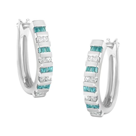 10k White Gold Round and Blue Baguette Diamond Hoop Earrings (0.50 cttw, I - J Color, I2 - I3 Clarity) | | Elegant Emulations Jewelry USA