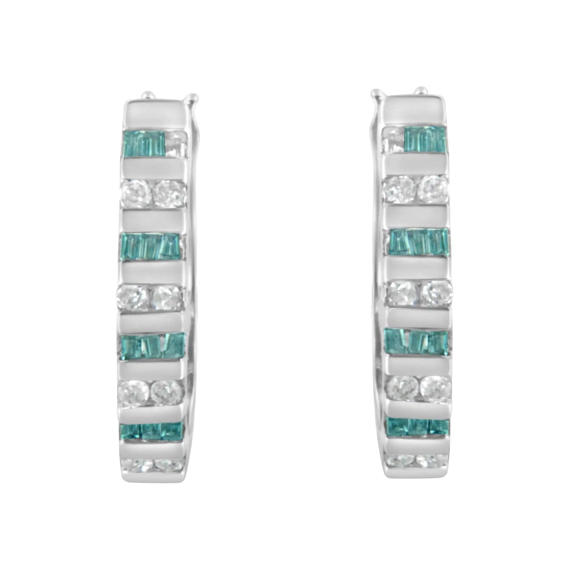 10k White Gold Round and Blue Baguette Diamond Hoop Earrings (0.50 cttw, I - J Color, I2 - I3 Clarity) | | Elegant Emulations Jewelry USA