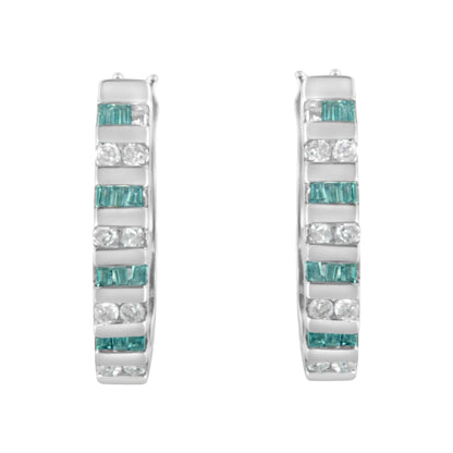 10k White Gold Round and Blue Baguette Diamond Hoop Earrings (0.50 cttw, I - J Color, I2 - I3 Clarity) | | Elegant Emulations Jewelry USA