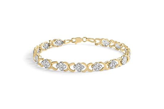 10K Yellow Gold 1.00 Cttw Diamond 5 Stone Floral Cluster and "X" Link 7" Bracelet (I - J Color, I3 Clarity) | | Elegant Emulations Jewelry USA
