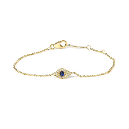 10K Yellow Gold Blue Sapphire and Diamond Accent Evil Eye Station Link Bracelet (H - I Color, I1 - I2 Clarity) - Size 7" | | Elegant Emulations Jewelry USA