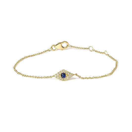 10K Yellow Gold Blue Sapphire and Diamond Accent Evil Eye Station Link Bracelet (H - I Color, I1 - I2 Clarity) - Size 7" | | Elegant Emulations Jewelry USA