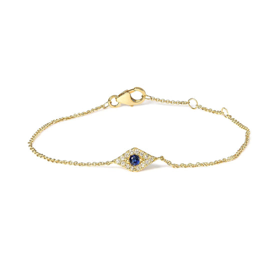 10K Yellow Gold Blue Sapphire and Diamond Accent Evil Eye Station Link Bracelet (H - I Color, I1 - I2 Clarity) - Size 7" | | Elegant Emulations Jewelry USA