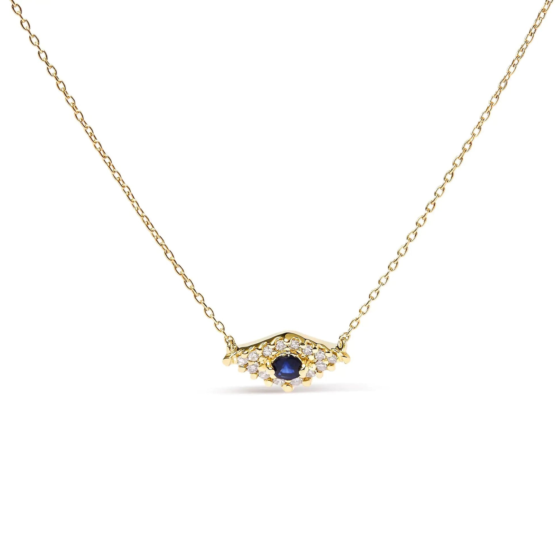 10K Yellow Gold Blue Sapphire and Diamond Accented Evil Eye 18" Inch Pendant Necklace (H - I Color, I1 - I2 Clarity) | | Elegant Emulations Jewelry USA