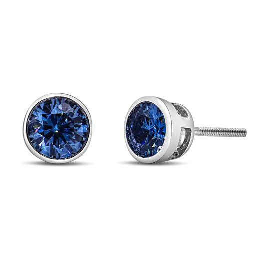 14K White Gold 1.0 Cttw Blue Lab Grown Diamond Screw - Back Classic Bezel Solitaire Stud Earrings (Blue Color, VS2 - SI1 Clarity) | | Elegant Emulations Jewelry USA