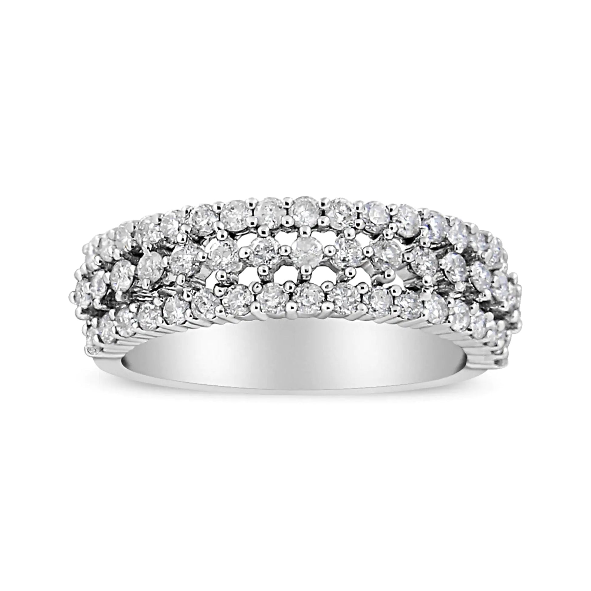 14K White Gold 1.0 Cttw Prong Set Round Diamond Split Shank Three Row Band Ring (H - I Color, I2 - I3 Clarity) | | Elegant Emulations Jewelry USA
