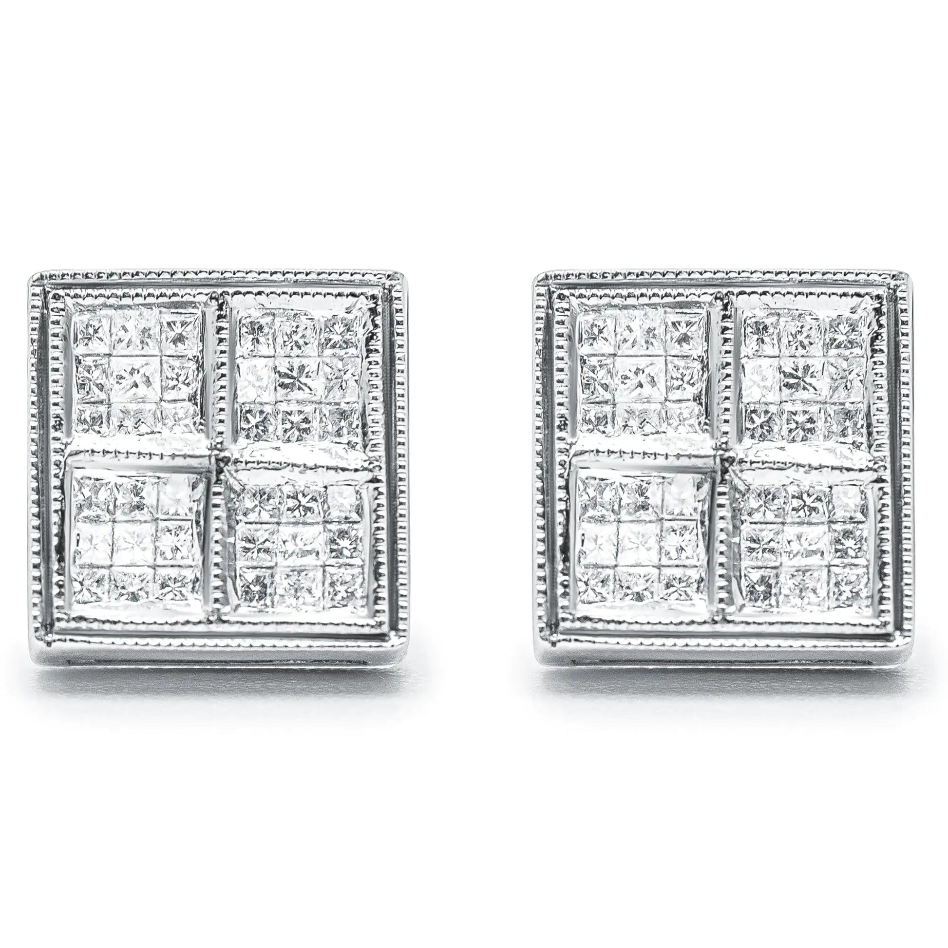 14K White Gold 1/2 Cttw Princess Diamond Composite Box Shape Milgrain Stud Earrings (H - I Color, SI1 - SI2 Clarity) | | Elegant Emulations Jewelry USA