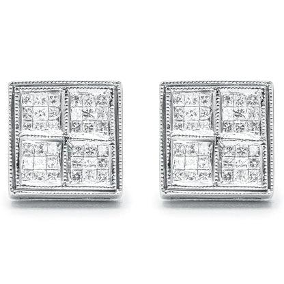14K White Gold 1/2 Cttw Princess Diamond Composite Box Shape Milgrain Stud Earrings (H - I Color, SI1 - SI2 Clarity) | | Elegant Emulations Jewelry USA