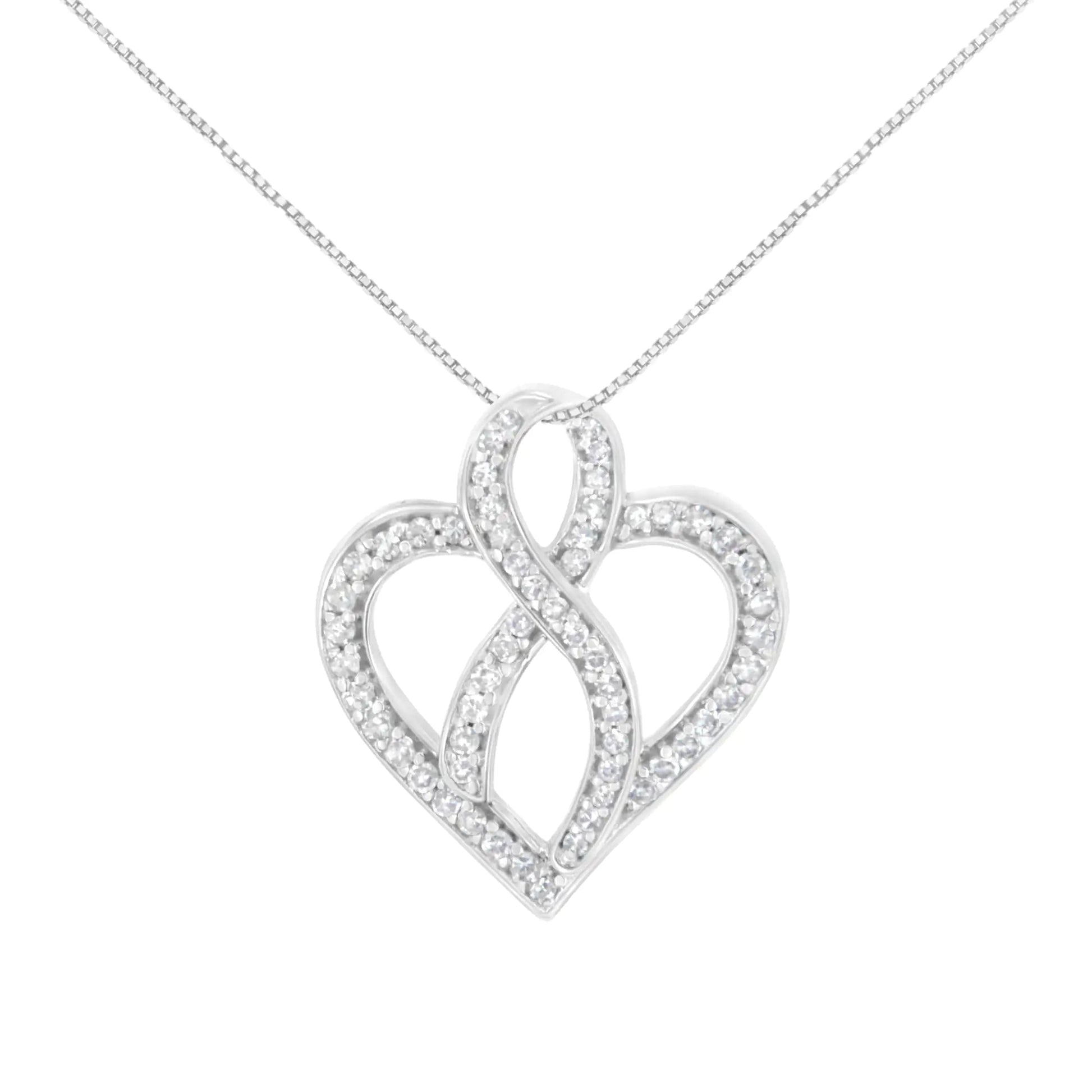 14K White Gold 1/4 cttw Round Cut Diamond Heart and Ribbon Center Pendant Necklace (H - I, I1 - I2) | Necklace | Elegant Emulations Jewelry USA