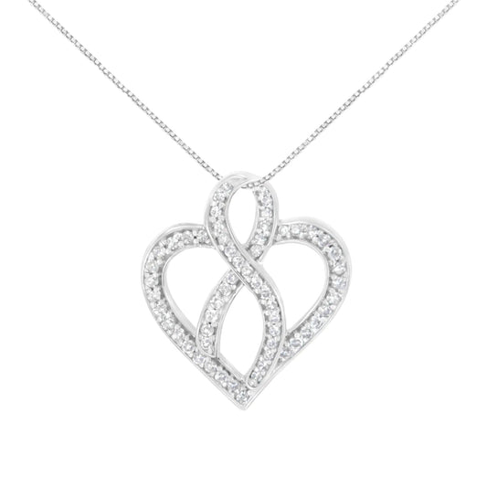 14K White Gold 1/4 cttw Round Cut Diamond Heart and Ribbon Center Pendant Necklace (H - I, I1 - I2) | Necklace | Elegant Emulations Jewelry USA