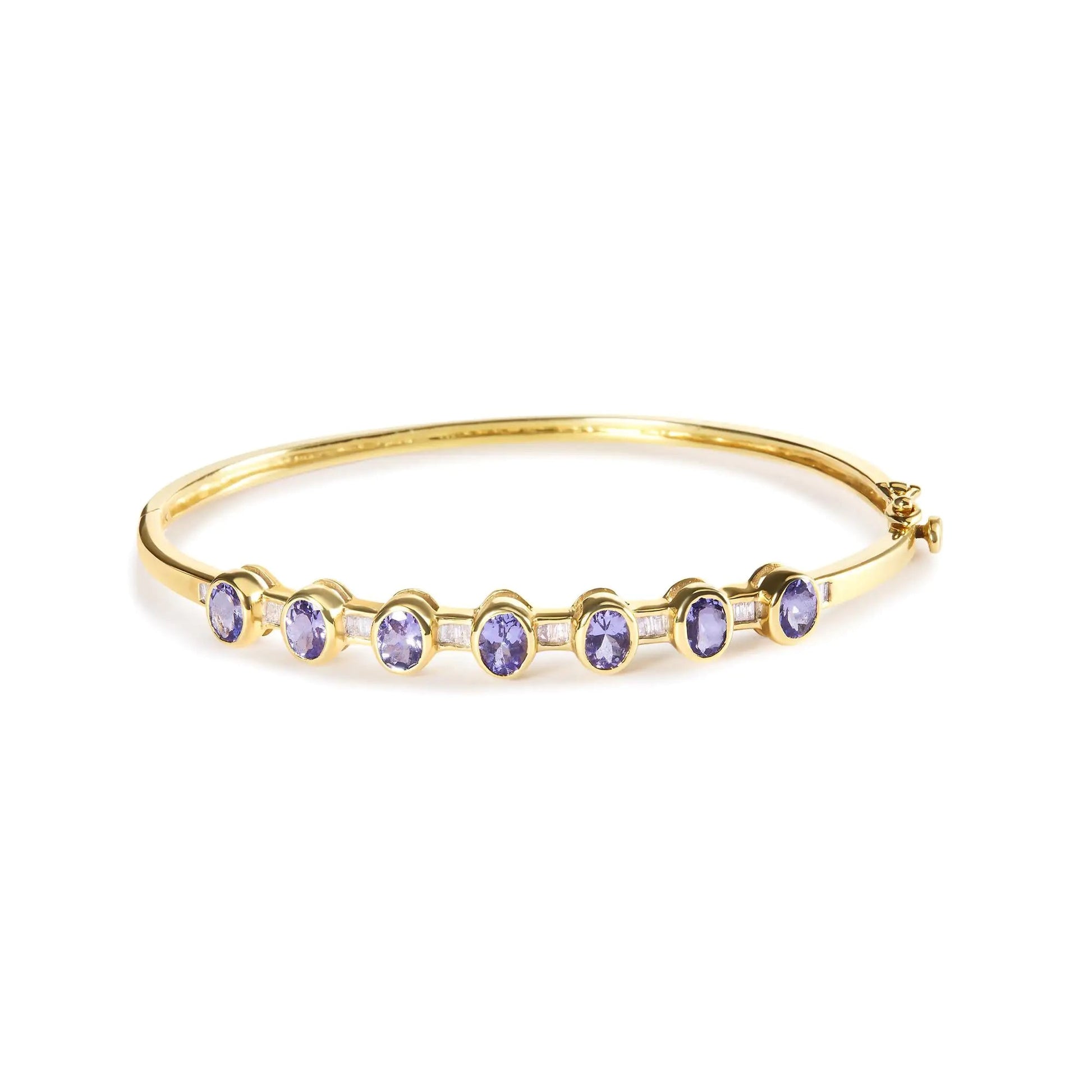 14K Yellow Gold Alternating Bezel Set 5MM Oval Shaped Tanzanite and 1/5 Cttw Diamond Bangle Bracelet (H - I Color, VS2 - SI1 Clarity) - Fit's wrists up to 7.25" Inches | | Elegant Emulations Jewelry USA