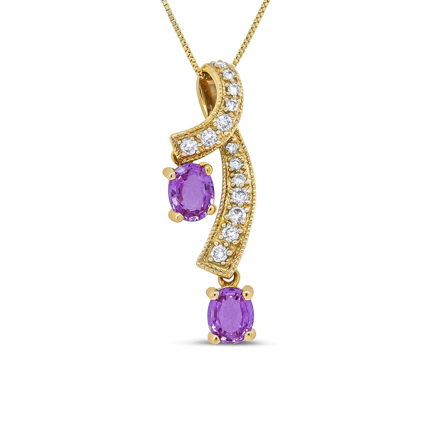 14K Yellow Gold Pink Sapphire & Diamond Twist Pendant Necklace | Necklace | Elegant Emulations Jewelry USA