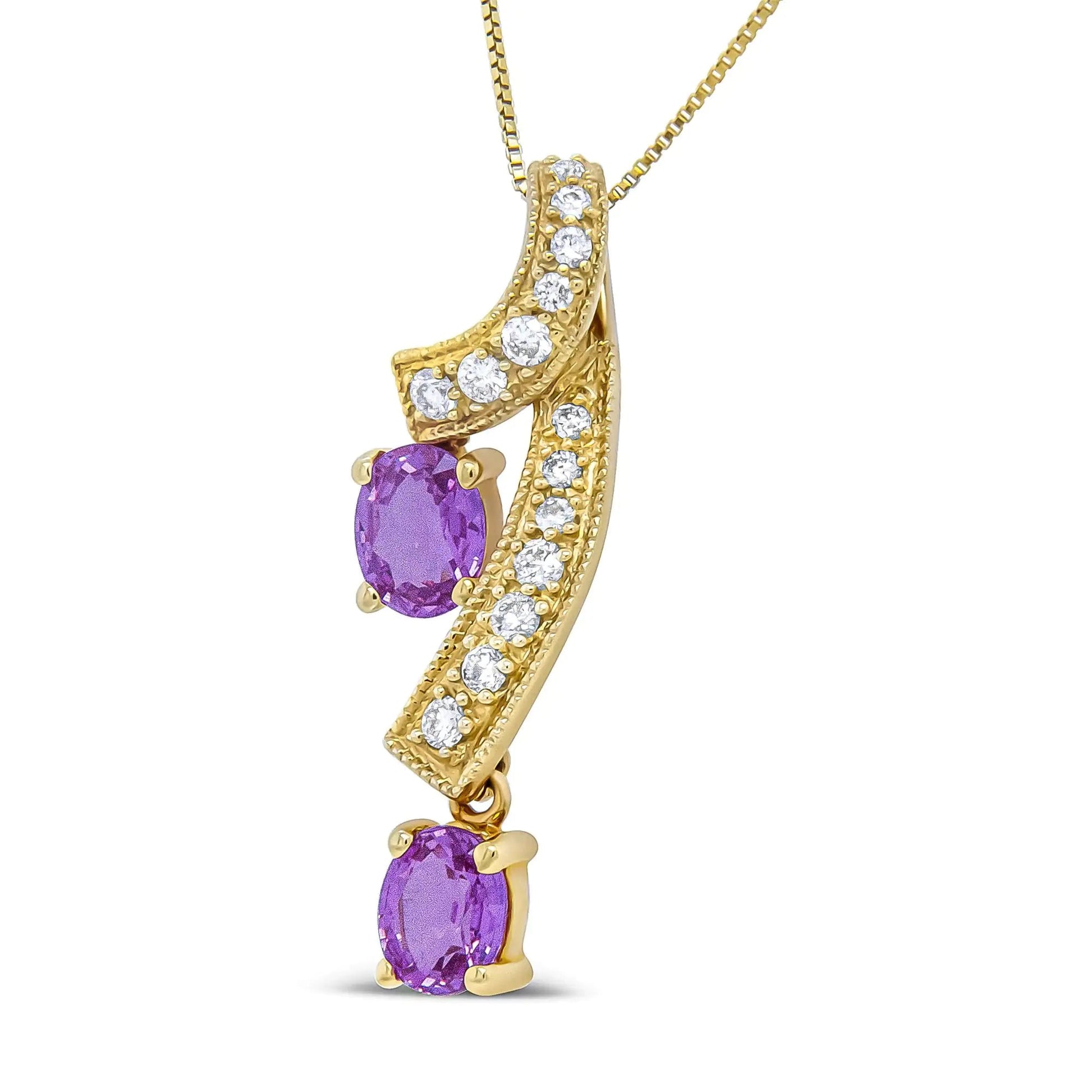 14K Yellow Gold Pink Sapphire & Diamond Twist Pendant Necklace | Necklace | Elegant Emulations Jewelry USA
