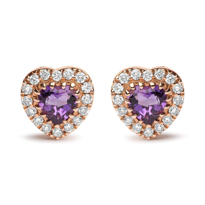 18K Dual - Tone Gold Amethyst Heart Halo Studs 1/6 Cttw Diamonds | Earrings | Elegant Emulations Jewelry USA
