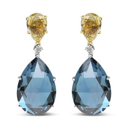 18K White and Yellow Gold 1/5 Cttw Diamond with Pear Cut Lemon Quartz and Pear Cut London Blue Topaz Gemstone Dangle Earring (G - H Color, SI1 - SI2 Clarity) | | Elegant Emulations Jewelry USA