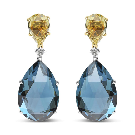 18K White and Yellow Gold 1/5 Cttw Diamond with Pear Cut Lemon Quartz and Pear Cut London Blue Topaz Gemstone Dangle Earring (G - H Color, SI1 - SI2 Clarity) | | Elegant Emulations Jewelry USA