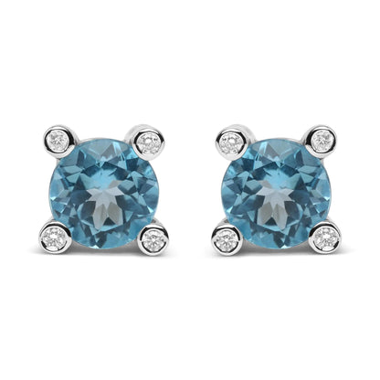 18K White Gold 1/10 Cttw Round Bezel Diamond and 10x10mm Round Sky Blue Topaz Gemstone Stud Earrings (G - H Color, I1 - I2 Clarity) | | Elegant Emulations Jewelry USA