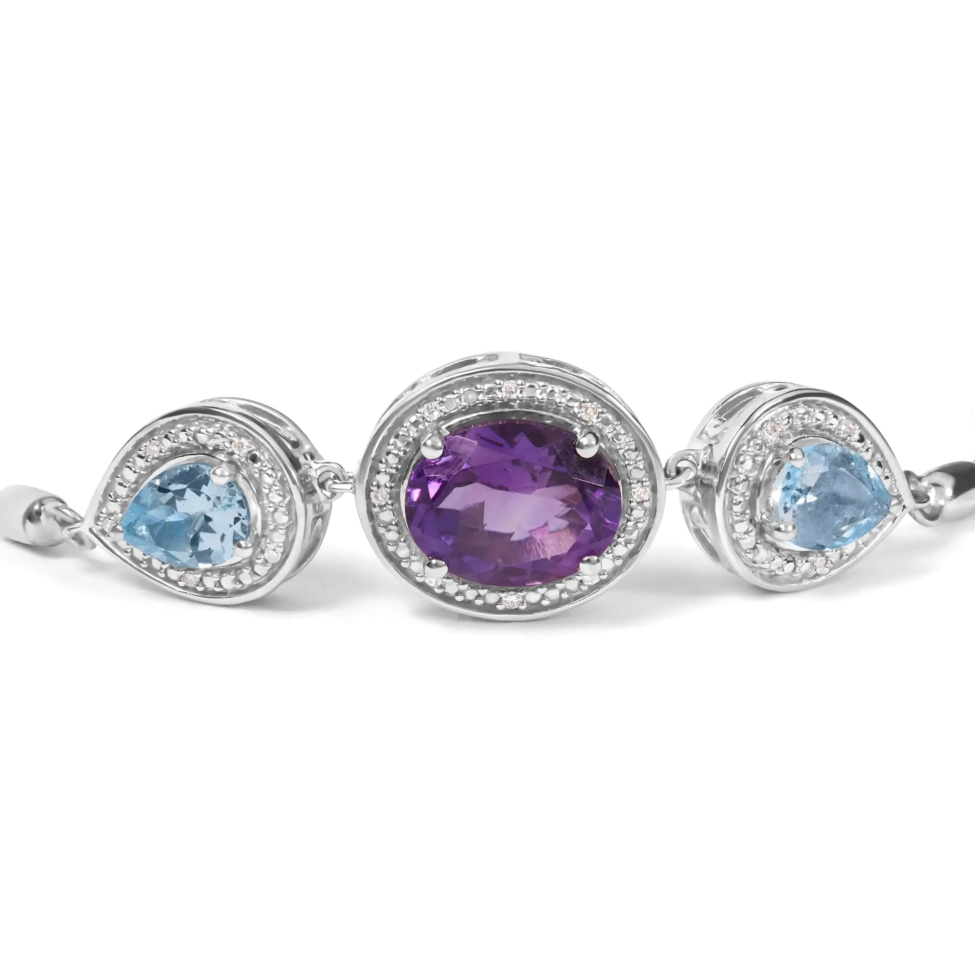 .925 Sterling Silver Oval Amethyst and Pear Blue Topaz with Diamond Accent Lariat 4”-10” Adjustable Bolo Bracelet (H-I Color, SI1-SI2 Clarity) - Elegant Emulations