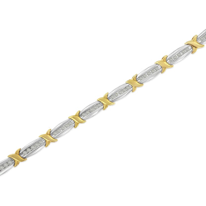 Two-Tone 10K Yellow Gold over .925 Sterling Silver 1.0 Cttw Diamond Channel Set Tapered & X-Link 7" Tennis Bracelet (H-I Color, I2-I3 Clarity) - Elegant Emulations