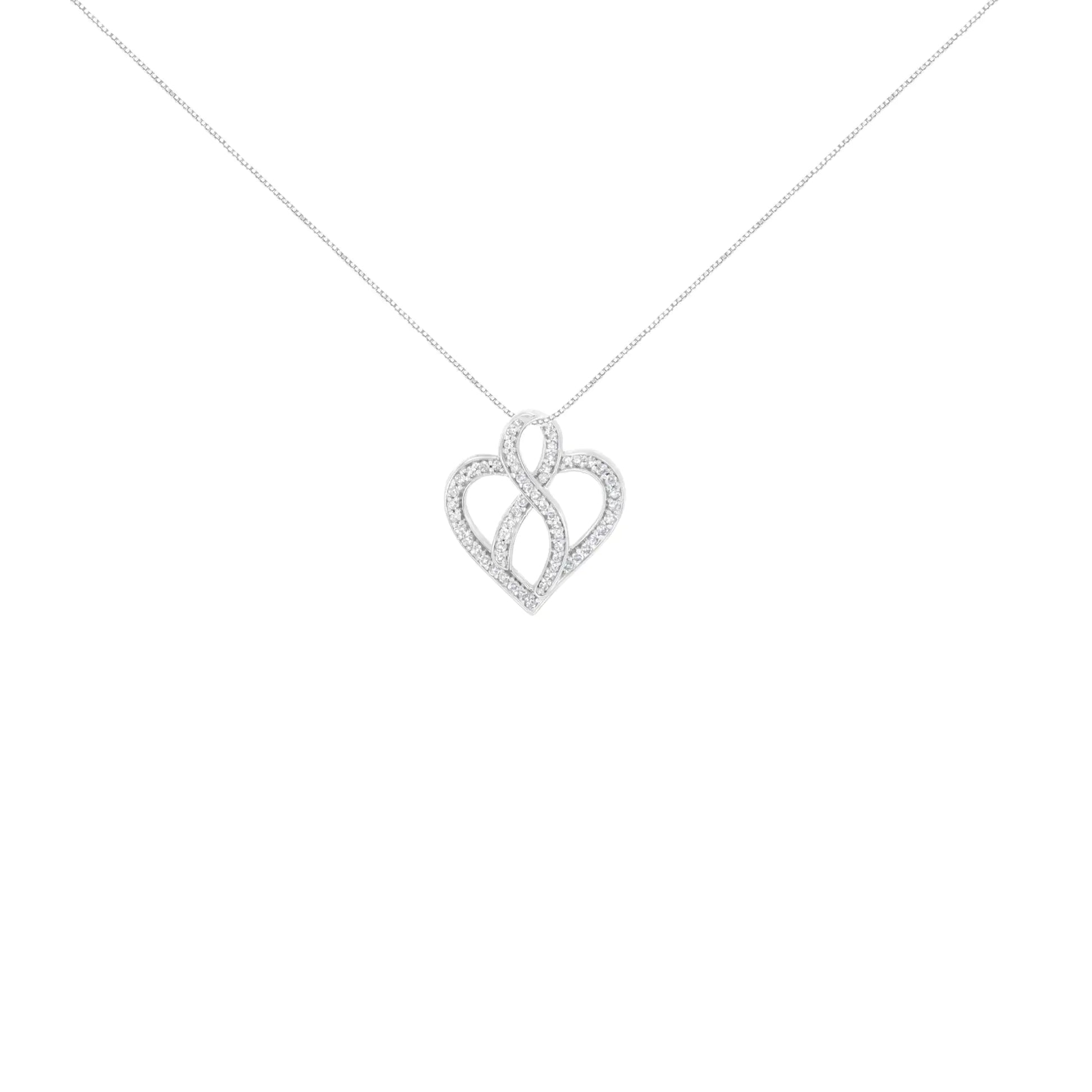 14K White Gold 1/4 cttw Round Cut Diamond Heart and Ribbon Center Pendant Necklace (H-I, I1-I2) - Elegant Emulations