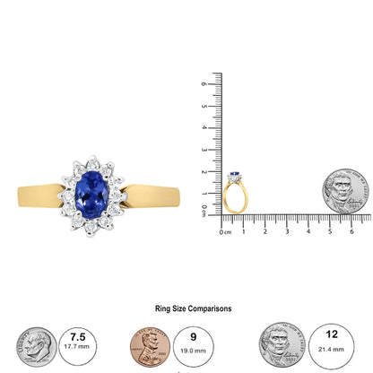 14K Yellow Gold 1/5 Cttw Round Diamond and 6x4mm Oval Blue Tanzanite Halo Ring (H-I Color, I1-I2 Clarity) - Elegant Emulations