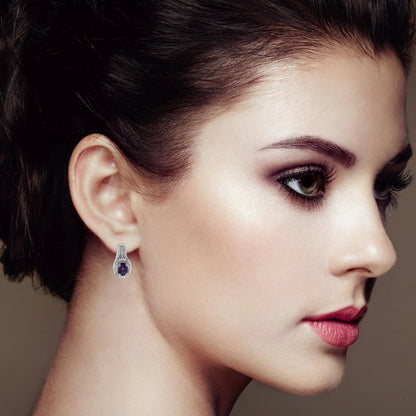 Sterling Silver Amethyst Oval Drop Earrings with Diamonds