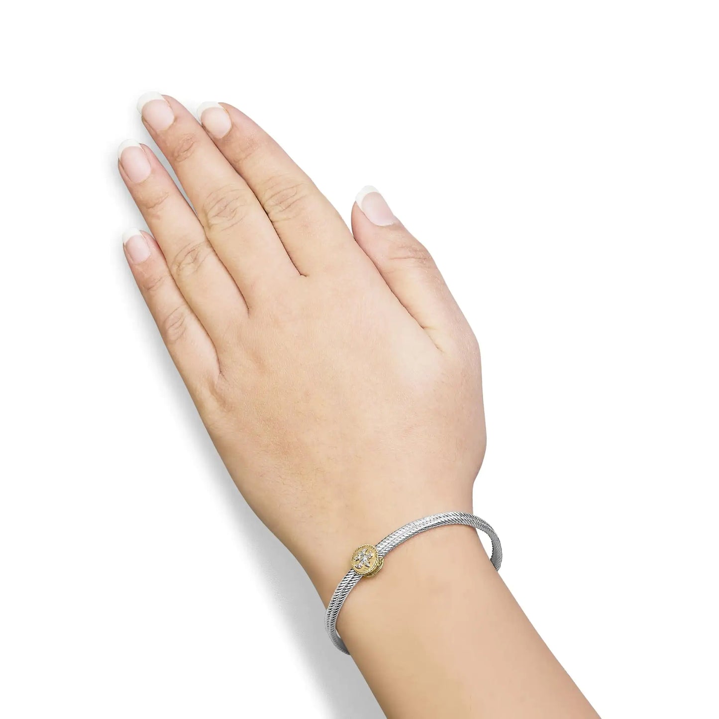 18K Yellow Gold Plated .925 Sterling Silver Diamond Accent and Fleur Di Lis Medallion Bangle Bracelet (I-J Color, SI1-SI2 Clarity) - 7.25 Inches - Elegant Emulations