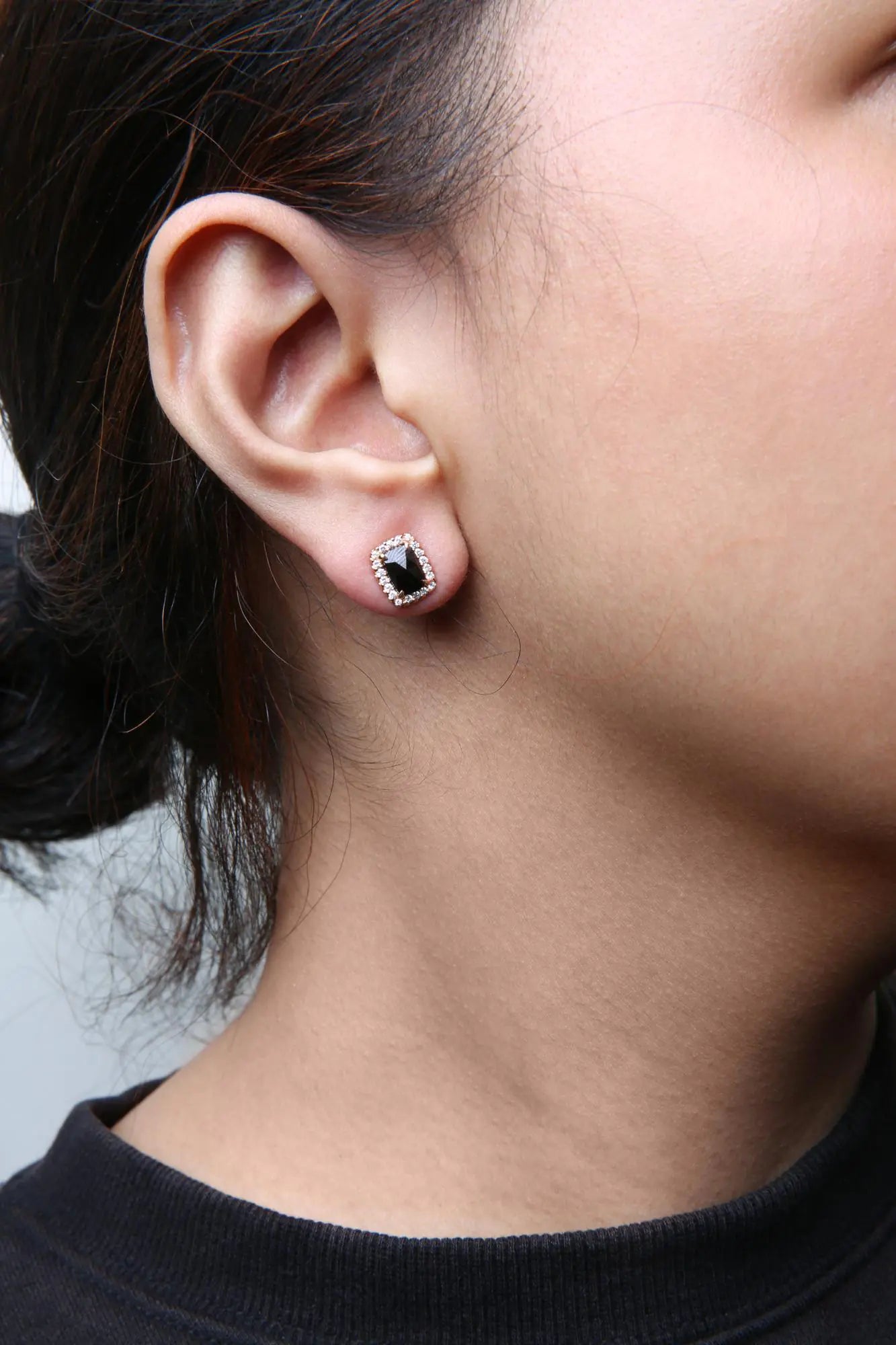 18K Rose and White Gold 1/4 Cttw Round Diamond and 8x6mm Cushion Cut Black Onyx Gemstone Halo Stud Earrings (G-H Color, SI1-SI2 Clarity) - Elegant Emulations