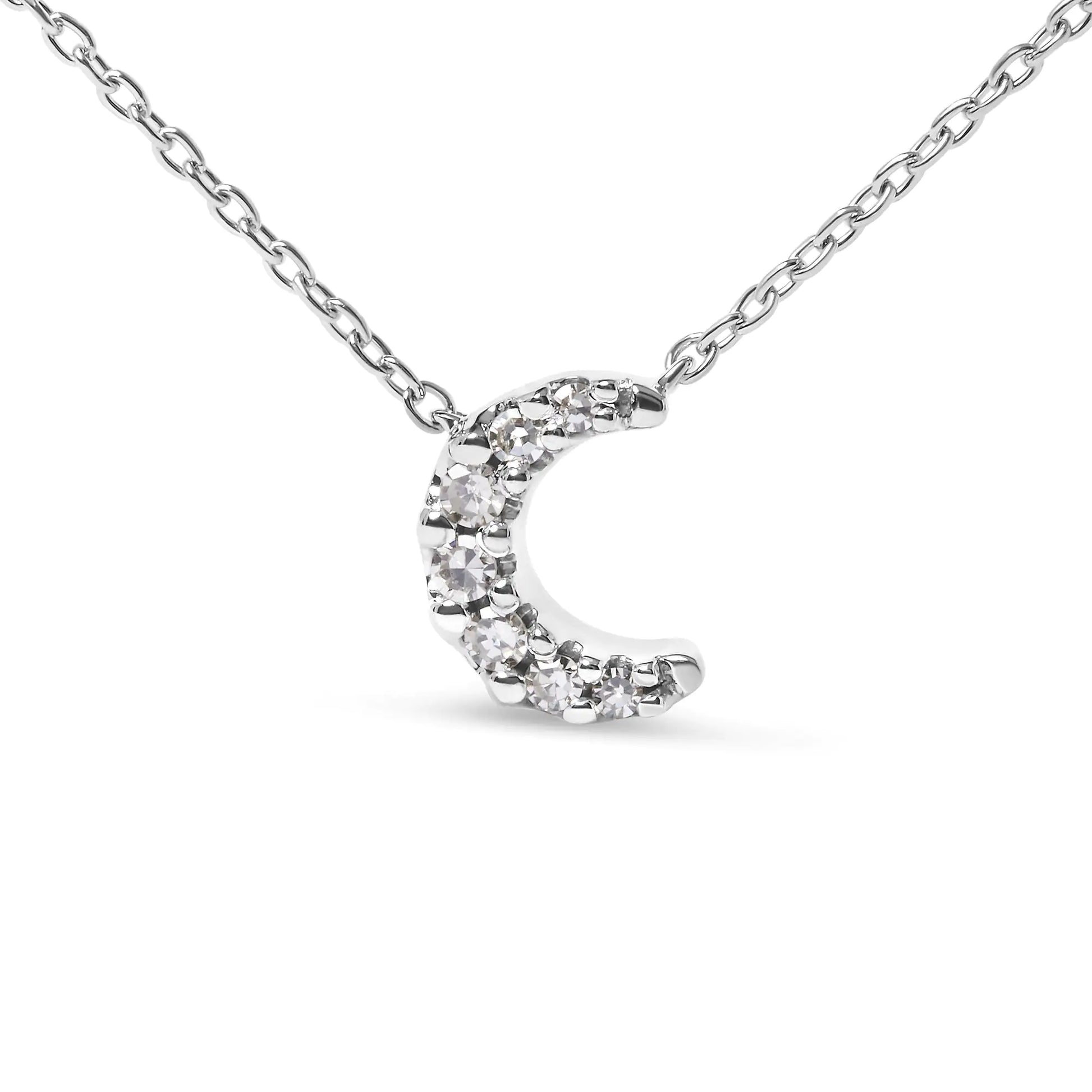 10K White Gold Diamond Accented Crescent Moon Shaped 18" Inch Pendant Necklace (H-I Color, I1-I2 Clarity) - Elegant Emulations
