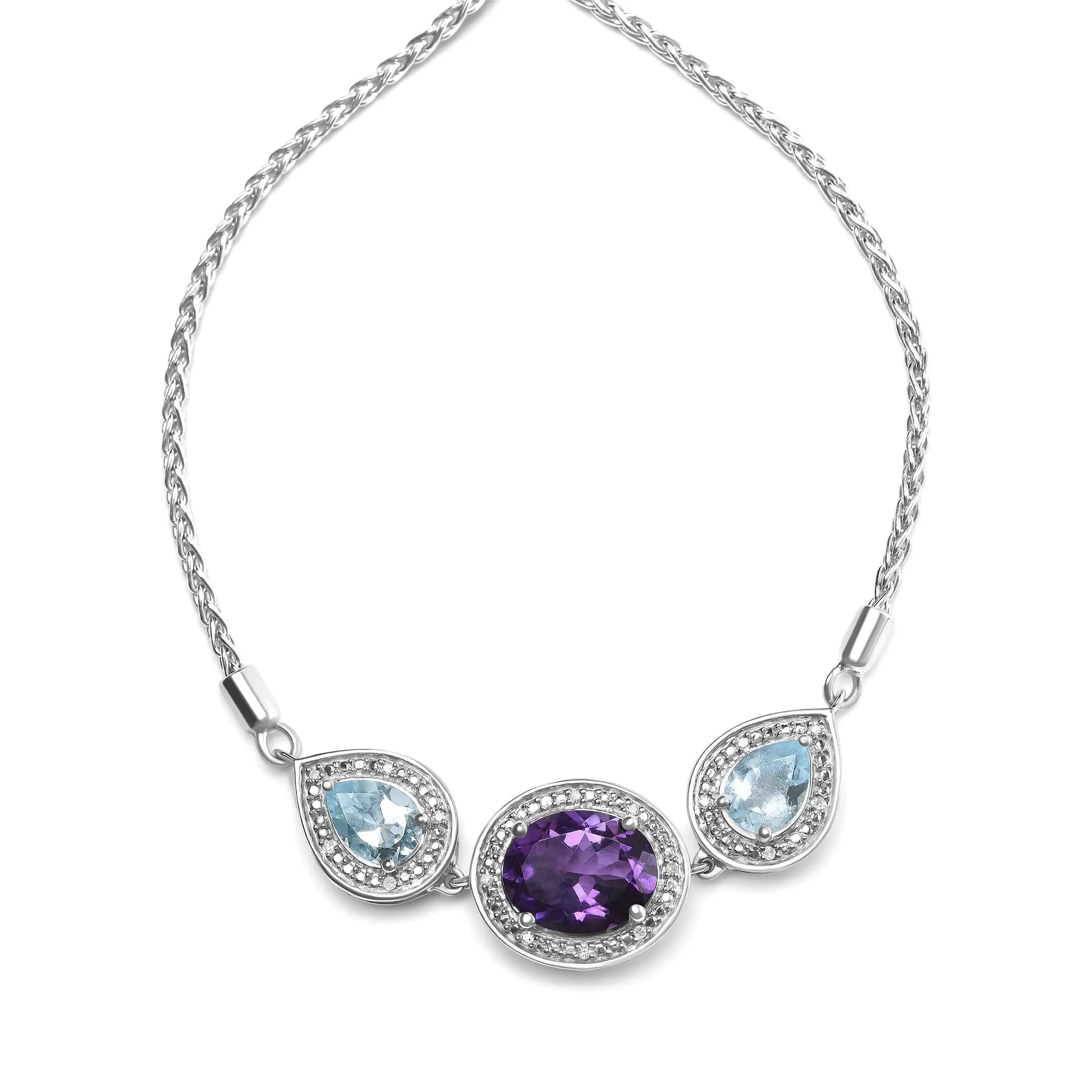 .925 Sterling Silver Oval Amethyst and Pear Blue Topaz with Diamond Accent Lariat 4”-10” Adjustable Bolo Bracelet (H-I Color, SI1-SI2 Clarity) - Elegant Emulations
