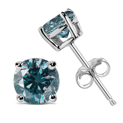 14K Gold Round Brilliant Cut Lab Grown Blue Diamond 4-Prong Classic Solitaire Stud Earrings with Pushbacks - Elegant Emulations