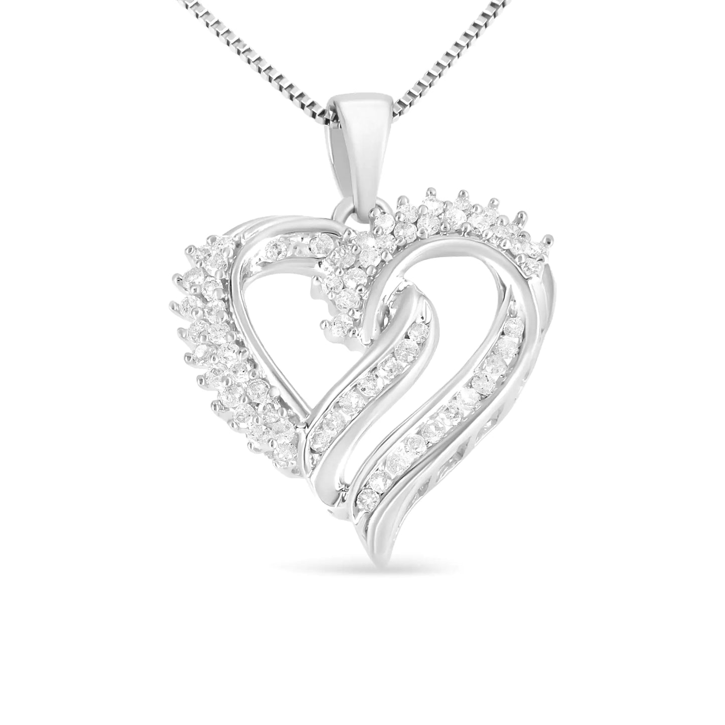 .925 Sterling Silver 1/2 Cttw Diamond Double Row Openwork Heart Pendant 18" Necklace (I-J Color, I3 Clarity) - Elegant Emulations