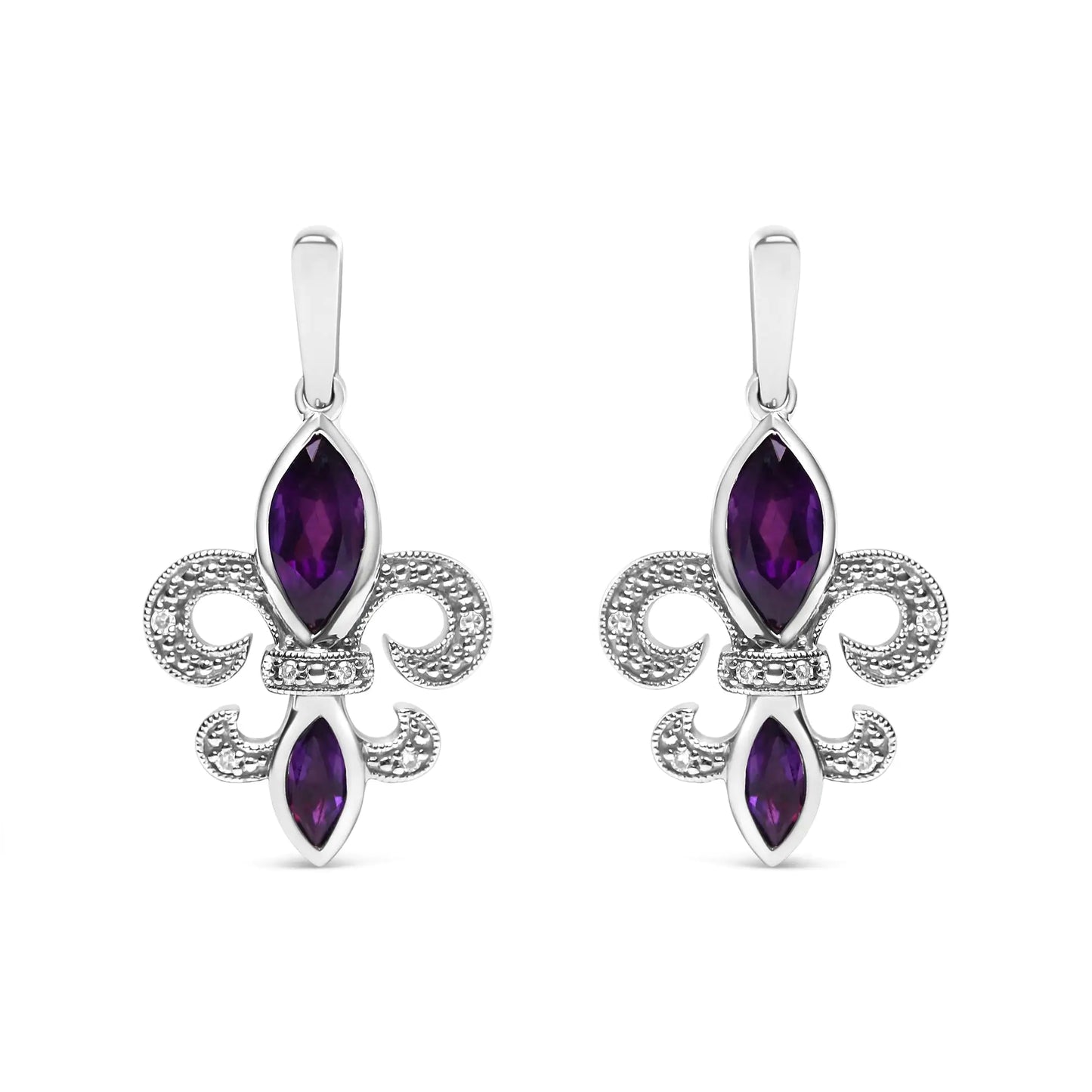 .925 Sterling Silver Marquise Cut Amethyst and Diamond Accent Fleur De Lis Dangle Stud Earrings (H-I Color, SI1-SI2 Clarity) - Elegant Emulations