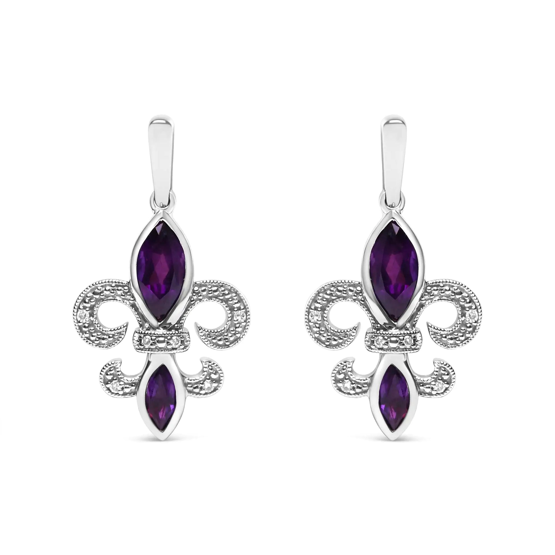 .925 Sterling Silver Marquise Cut Amethyst and Diamond Accent Fleur De Lis Dangle Stud Earrings (H-I Color, SI1-SI2 Clarity) - Elegant Emulations