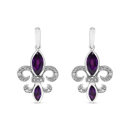 .925 Sterling Silver Marquise Cut Amethyst and Diamond Accent Fleur De Lis Dangle Stud Earrings (H-I Color, SI1-SI2 Clarity) - Elegant Emulations