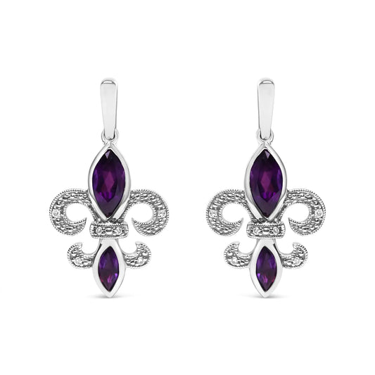 .925 Sterling Silver Marquise Cut Amethyst and Diamond Accent Fleur De Lis Dangle Stud Earrings (H-I Color, SI1-SI2 Clarity) - Elegant Emulations