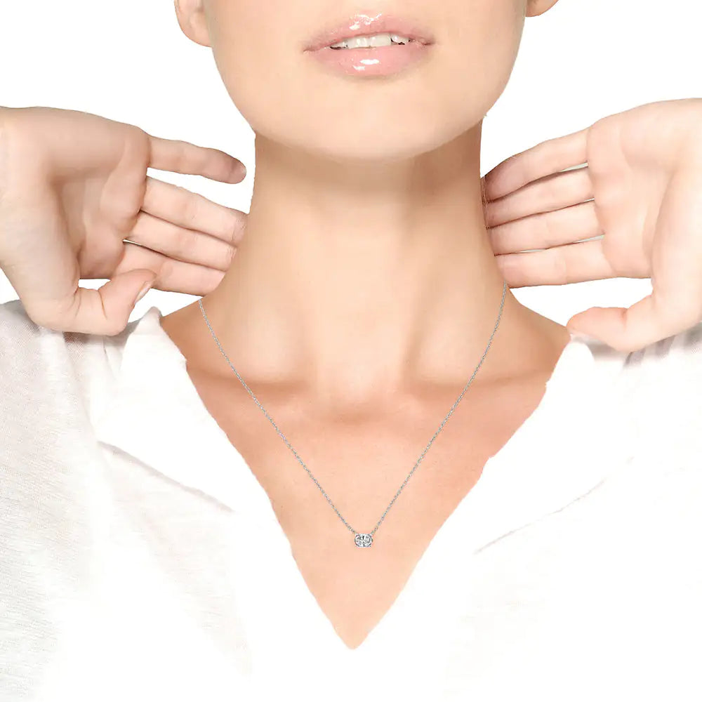 14K White Gold 3/8 Cttw Lab Grown Pink Oval Solitaire Diamond East West 18" Pendant Necklace (Pink Color, VS2-SI1 Clarity) - Elegant Emulations