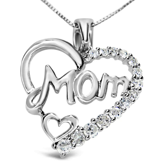 .925 Silver Diamond 'Mom' Heart Pendant Necklace | Necklace | Elegant Emulations Jewelry USA