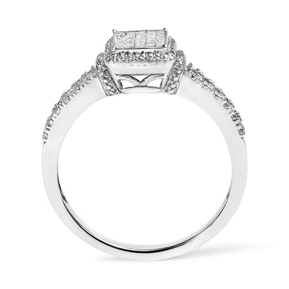 .925 Silver Princess Diamond Halo Ring (H - I, SI1 - SI2) | Rings | Elegant Emulations Jewelry USA