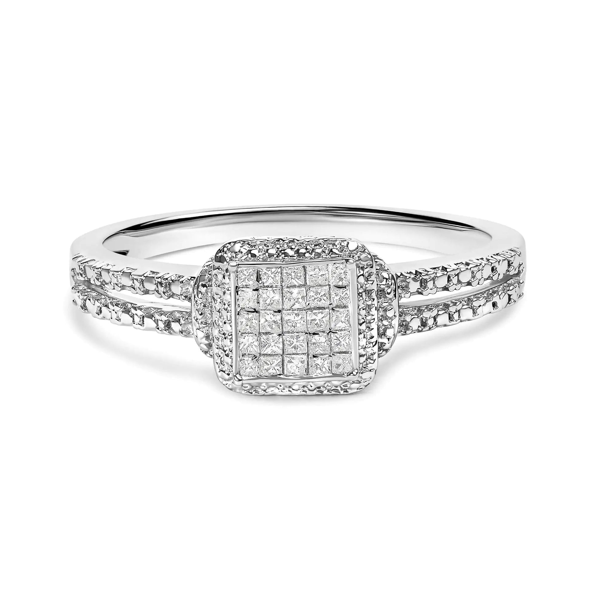 .925 Silver Princess Diamond Halo Ring (H - I, SI1 - SI2) | Rings | Elegant Emulations Jewelry USA