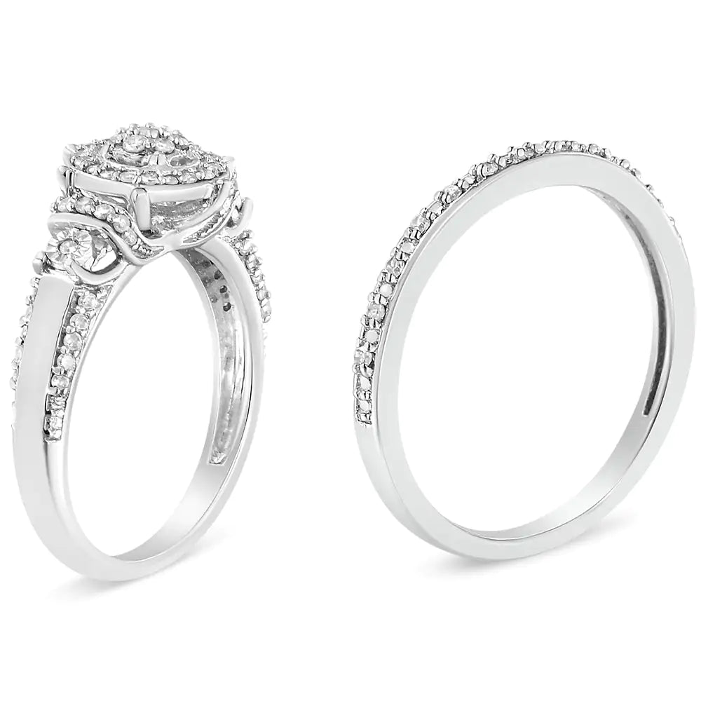 .925 Sterling Silver 1/3 Cttw Diamond 7 Stone Cluster and Halo Engagement Ring and Wedding Band Set (I - J Color, I1 - I2 Clarity) | | Elegant Emulations Jewelry USA