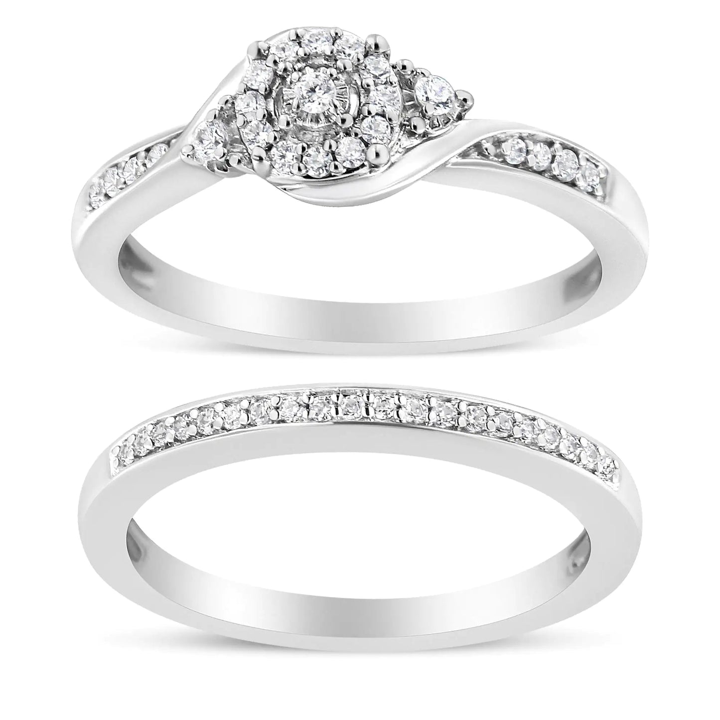 .925 Sterling Silver 1/4 Cttw Diamond Halo and Swirl Engagement Ring and Wedding Band Set (I - J Color, I3 Clarity) | | Elegant Emulations Jewelry USA