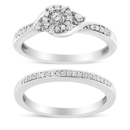 .925 Sterling Silver 1/4 Cttw Diamond Halo and Swirl Engagement Ring and Wedding Band Set (I - J Color, I3 Clarity) | | Elegant Emulations Jewelry USA