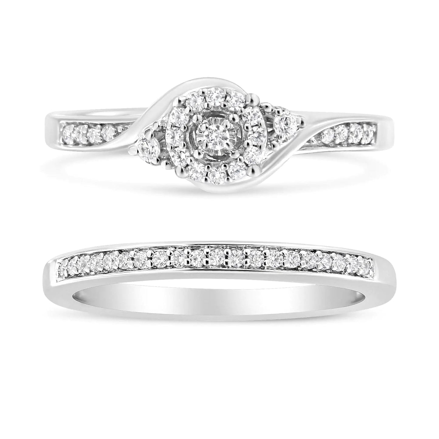 .925 Sterling Silver 1/4 Cttw Diamond Halo and Swirl Engagement Ring and Wedding Band Set (I - J Color, I3 Clarity) | | Elegant Emulations Jewelry USA