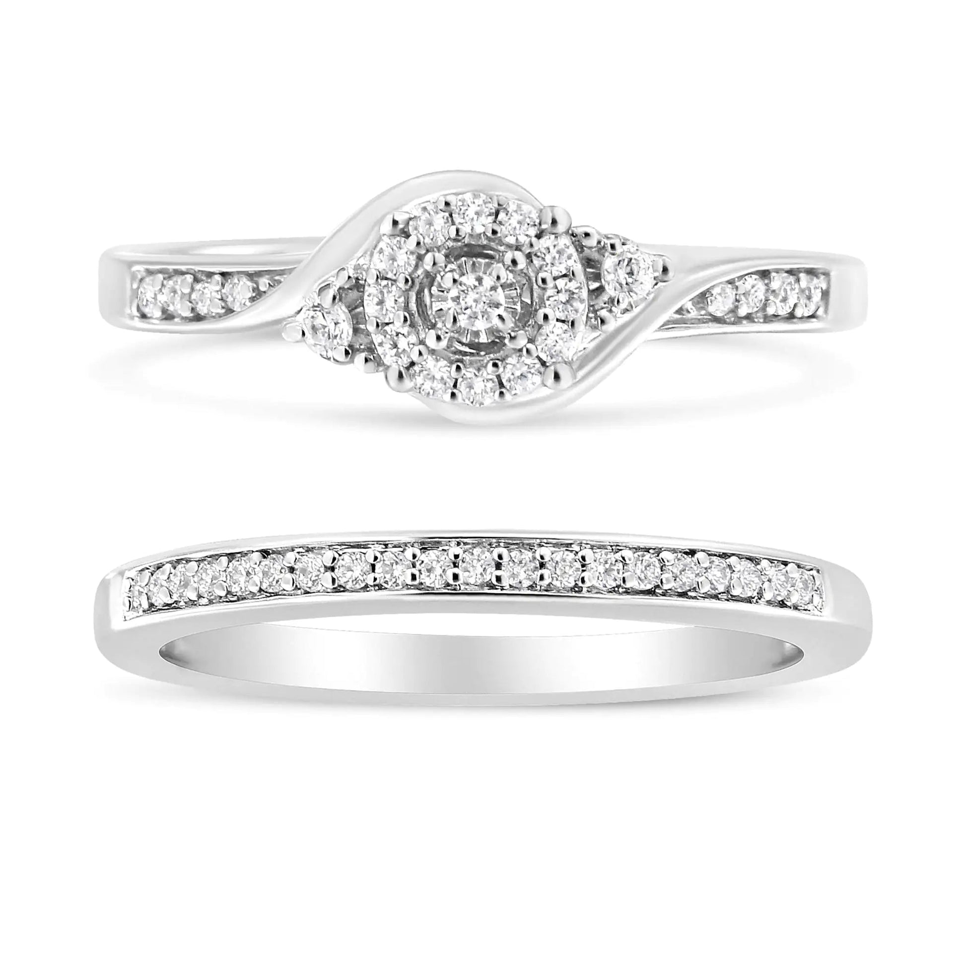 .925 Sterling Silver 1/4 Cttw Diamond Halo and Swirl Engagement Ring and Wedding Band Set (I - J Color, I3 Clarity) | | Elegant Emulations Jewelry USA