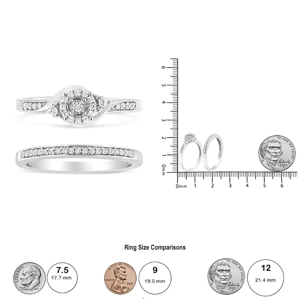 .925 Sterling Silver 1/4 Cttw Diamond Halo and Swirl Engagement Ring and Wedding Band Set (I - J Color, I3 Clarity) | | Elegant Emulations Jewelry USA