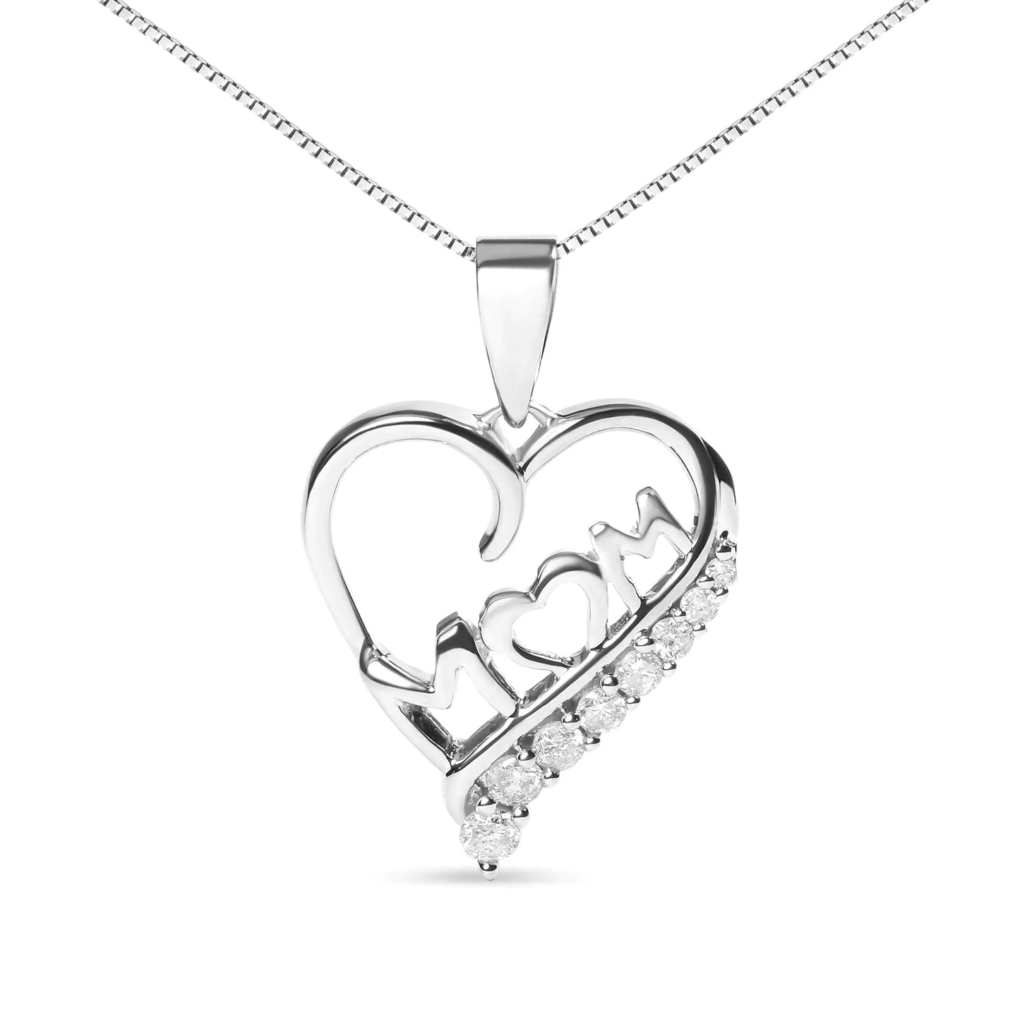 .925 Sterling Silver 1/4 Cttw Diamond "Mom" and Open Heart 18" Pendant Necklace (I - J Color, I2 - I3 Clarity) | | Elegant Emulations Jewelry USA