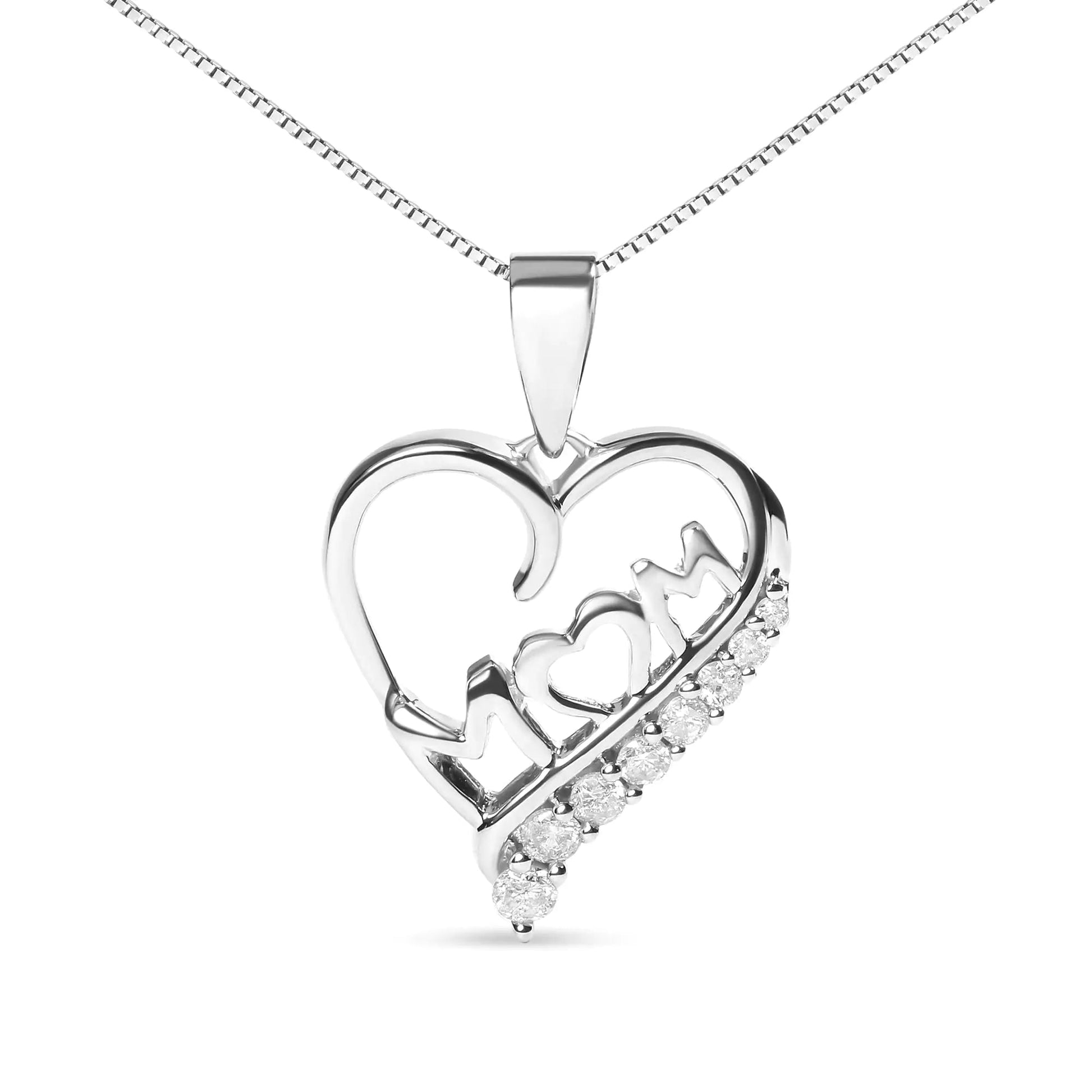 .925 Sterling Silver 1/4 Cttw Diamond "Mom" and Open Heart 18" Pendant Necklace (I - J Color, I2 - I3 Clarity) | | Elegant Emulations Jewelry USA