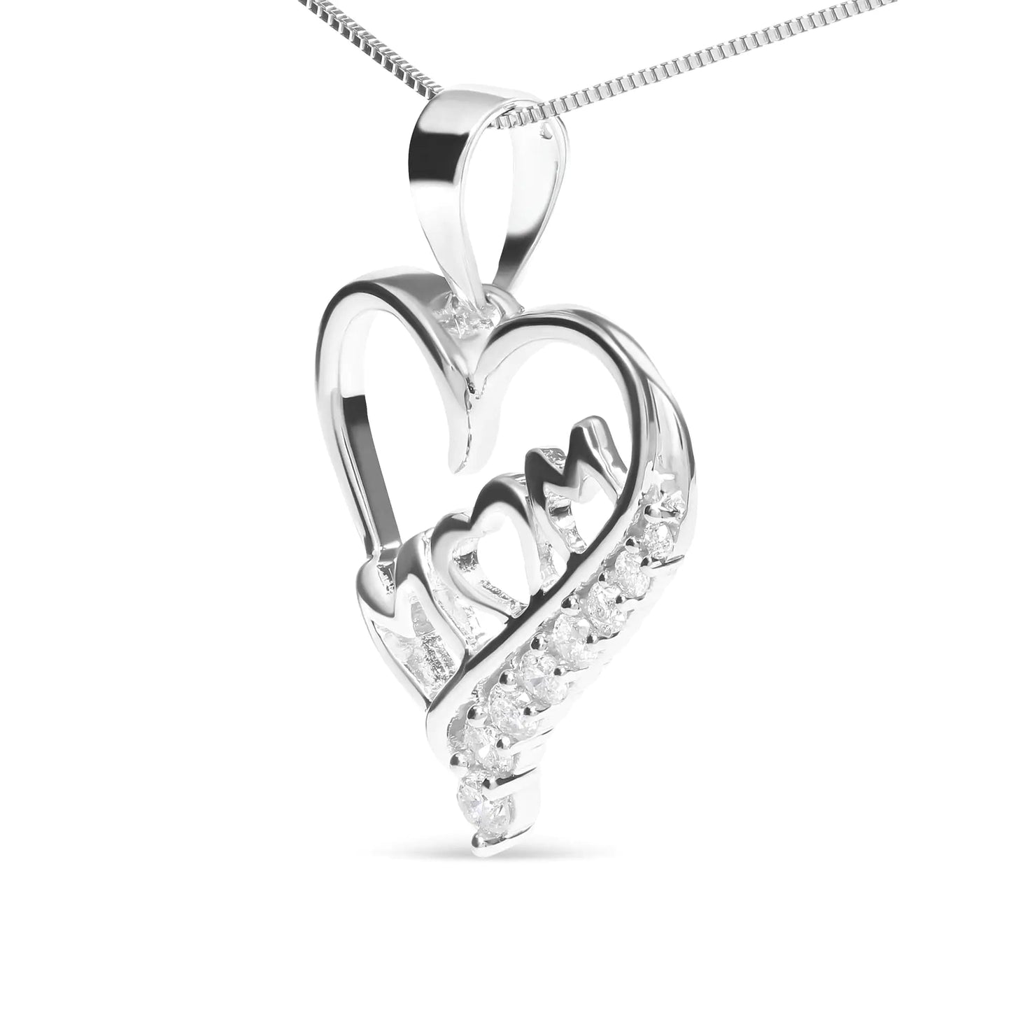 .925 Sterling Silver 1/4 Cttw Diamond "Mom" and Open Heart 18" Pendant Necklace (I - J Color, I2 - I3 Clarity) | | Elegant Emulations Jewelry USA